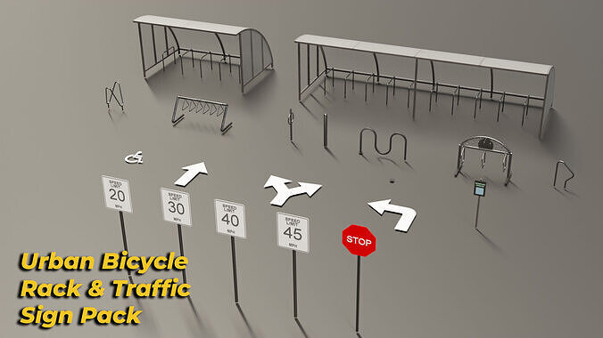 Bicycle Rack and Traffic Sign Pack  Low-poly 3D model
