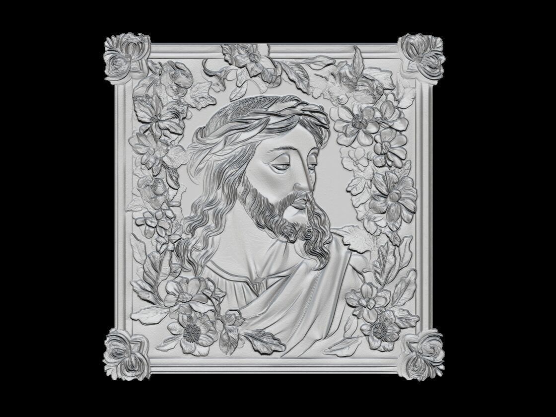 Jesus Christ Relief 3D Model Floral Frame 3D print model_1