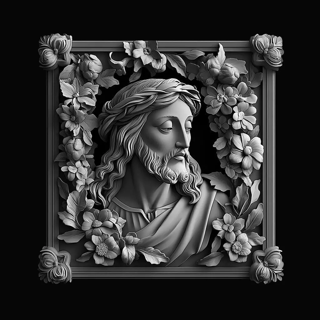 Jesus Christ Relief 3D Model Floral Frame 3D print model_0