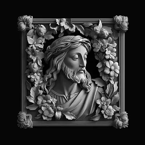 Jesus Christ Relief 3D Model  Floral Frame 