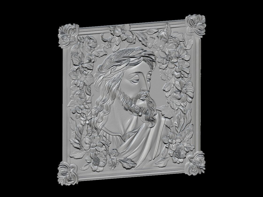 Jesus Christ Relief 3D Model Floral Frame 3D print model_3