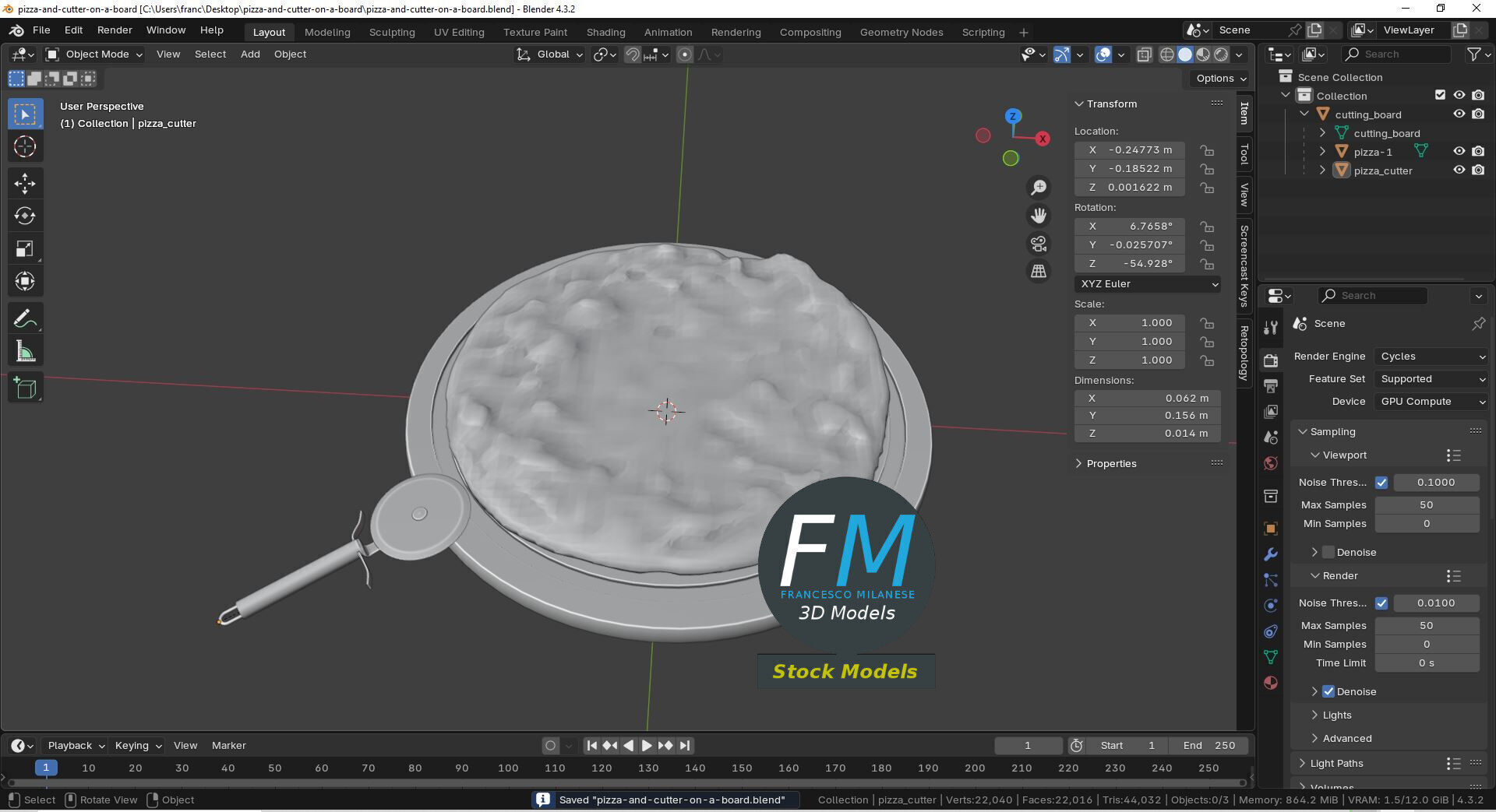Pizza and cutter on a board 3D model_9