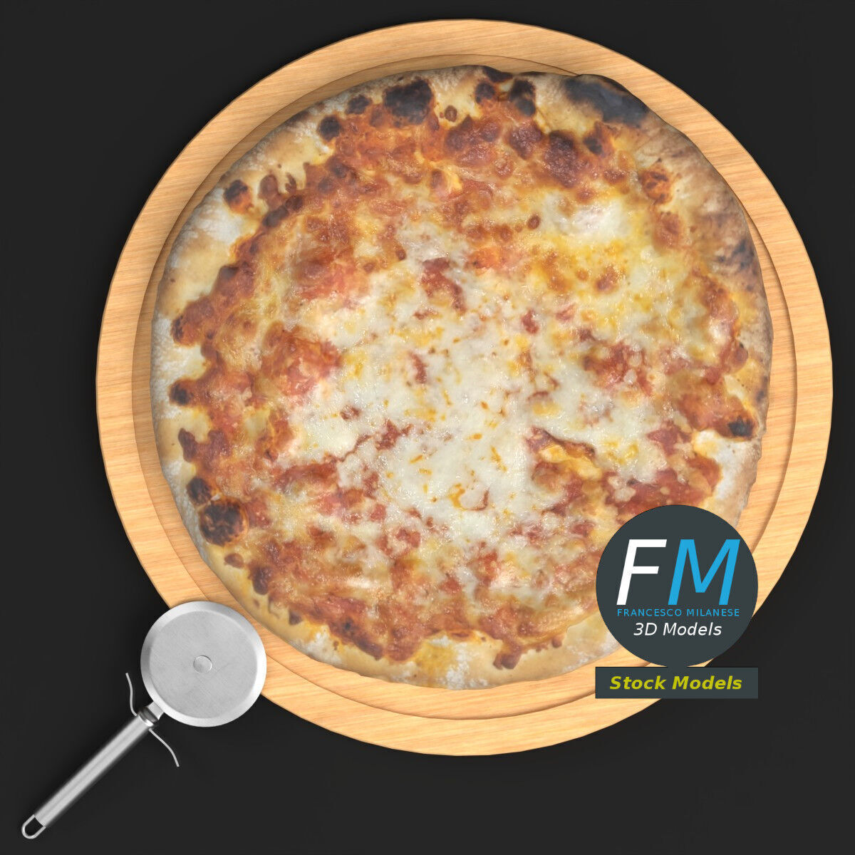 Pizza and cutter on a board 3D model_6