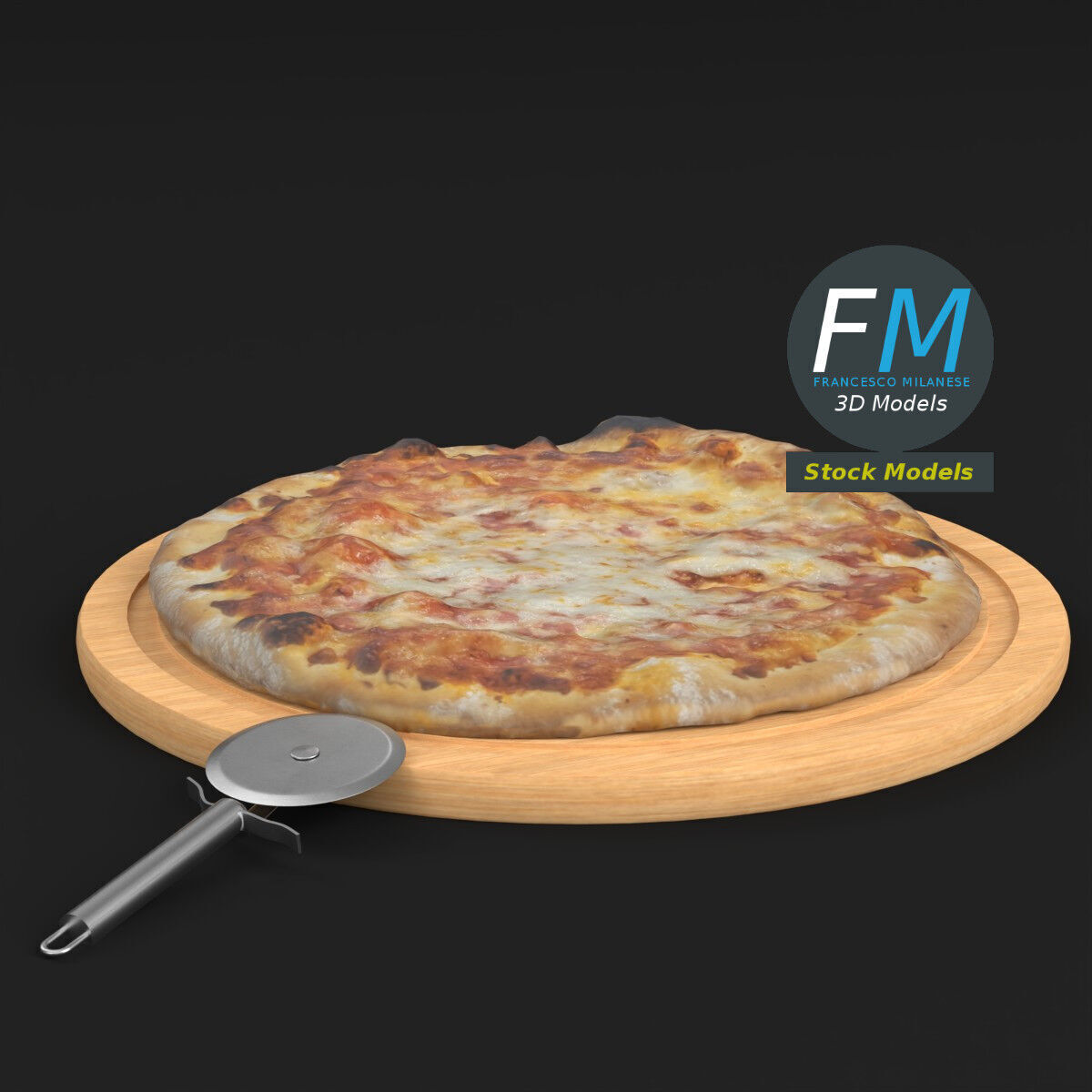 Pizza and cutter on a board 3D model_3