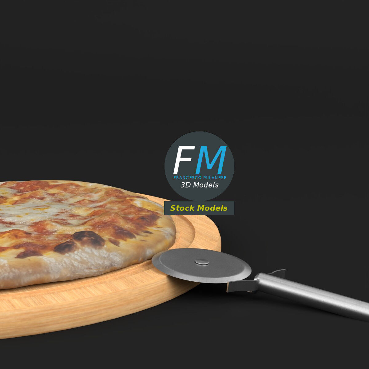 Pizza and cutter on a board 3D model_4