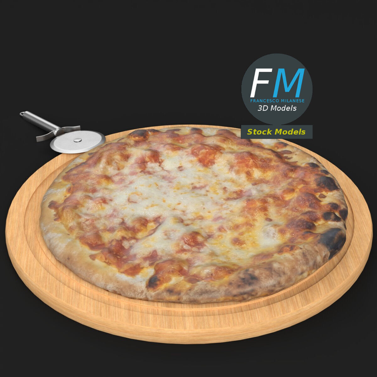 Pizza and cutter on a board 3D model_2