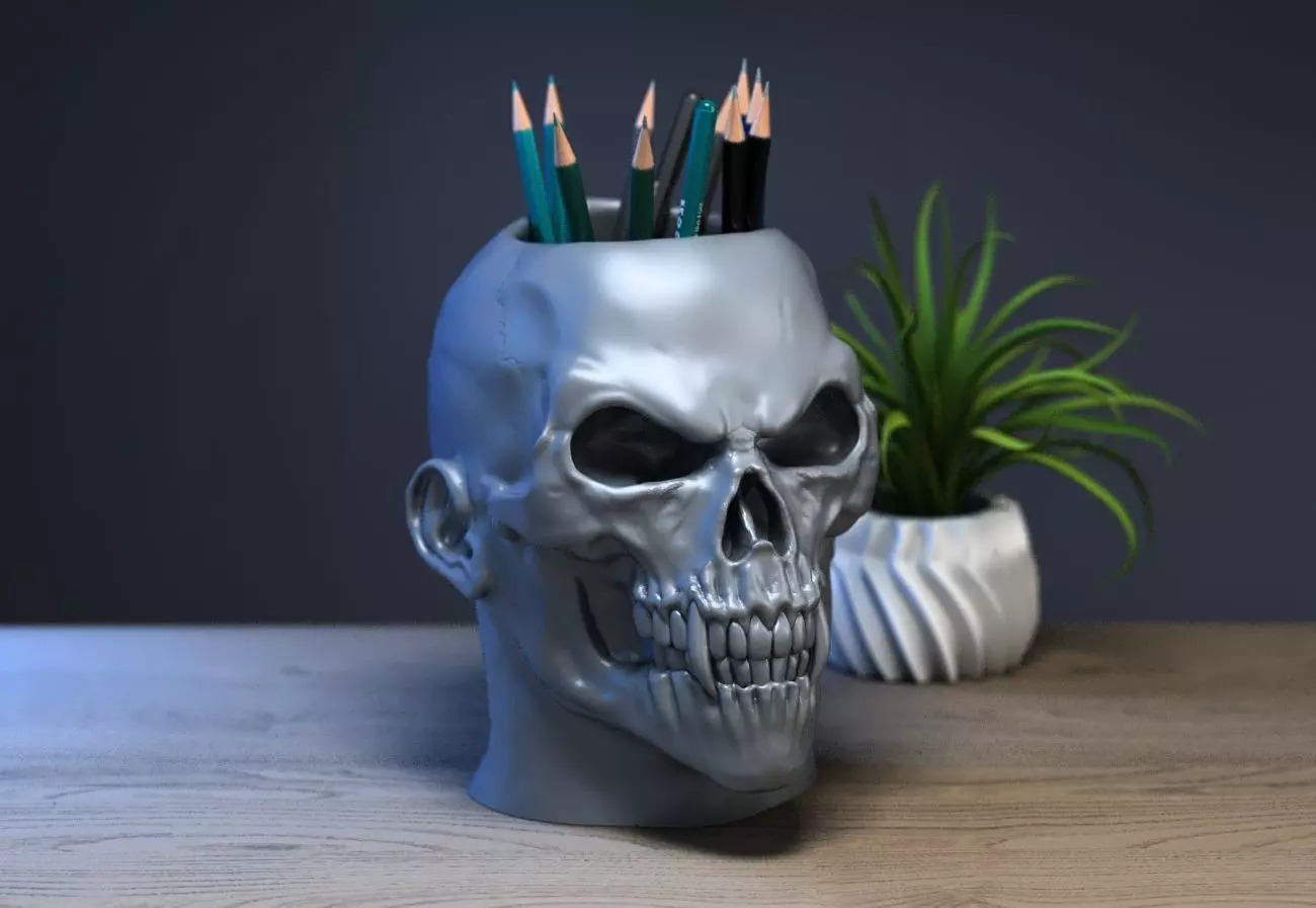 Skull pen holder Cyborg pen holder 3D print model_0