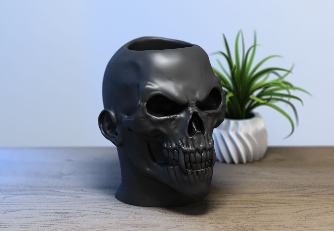 Skull pen holder Cyborg pen holder 3D print model_2