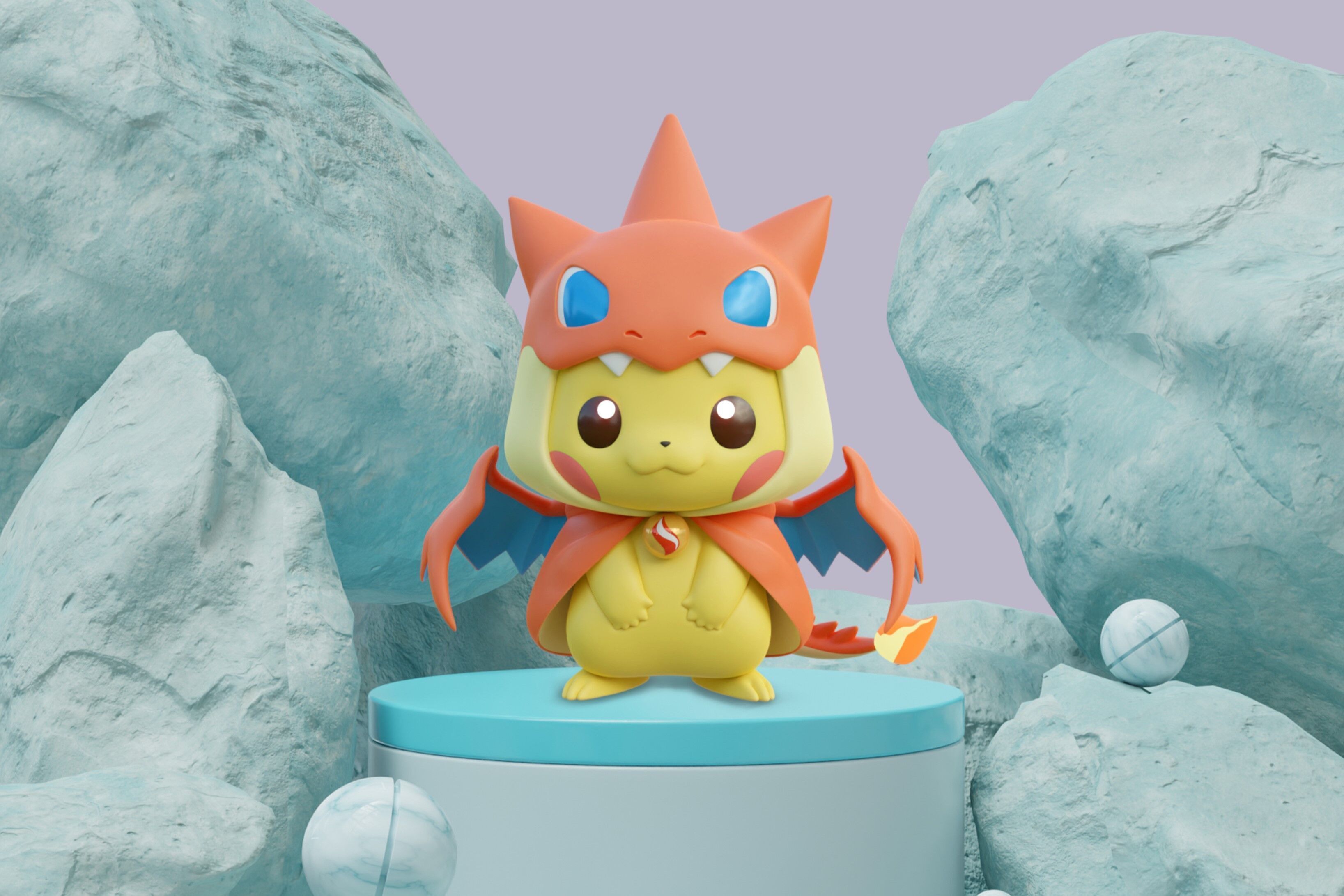 Adorable Pikachu in Mega Charizard Y Costume Poncho Pikachu STL 3D print model_2