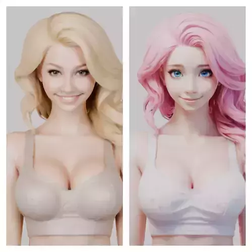 Beautiful Young Anime Girl Realistic Head and Body Bust  2 Pack Low-poly 3D model