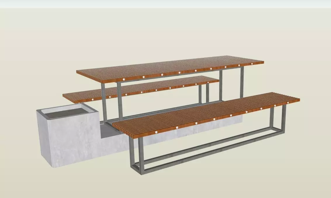 Picnic Table with Integrated Benches and planter Low-poly 3D model_0