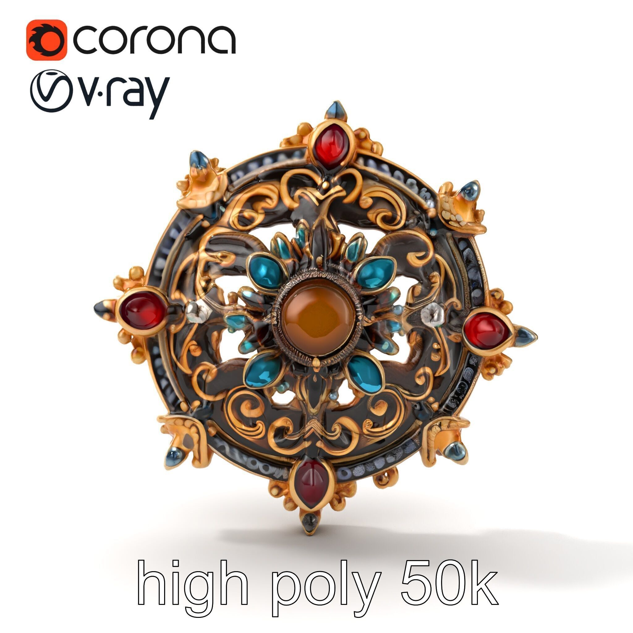 Medieval Brooch with Precious Gems model pack Low-poly 3D model_16