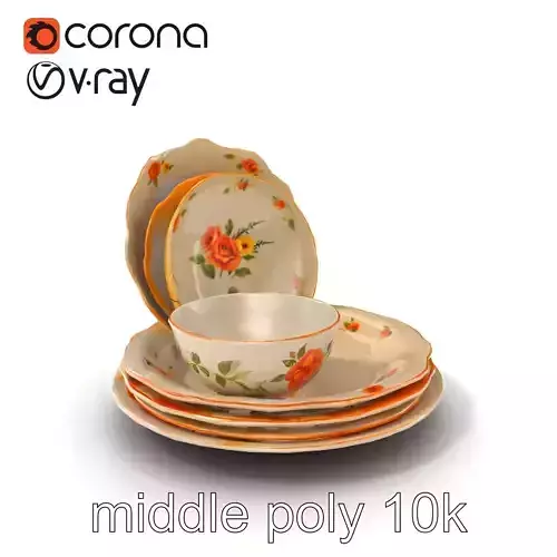 Farmhouse Porcelain Dish Set Floral Pattern model pack Low-poly 3D model