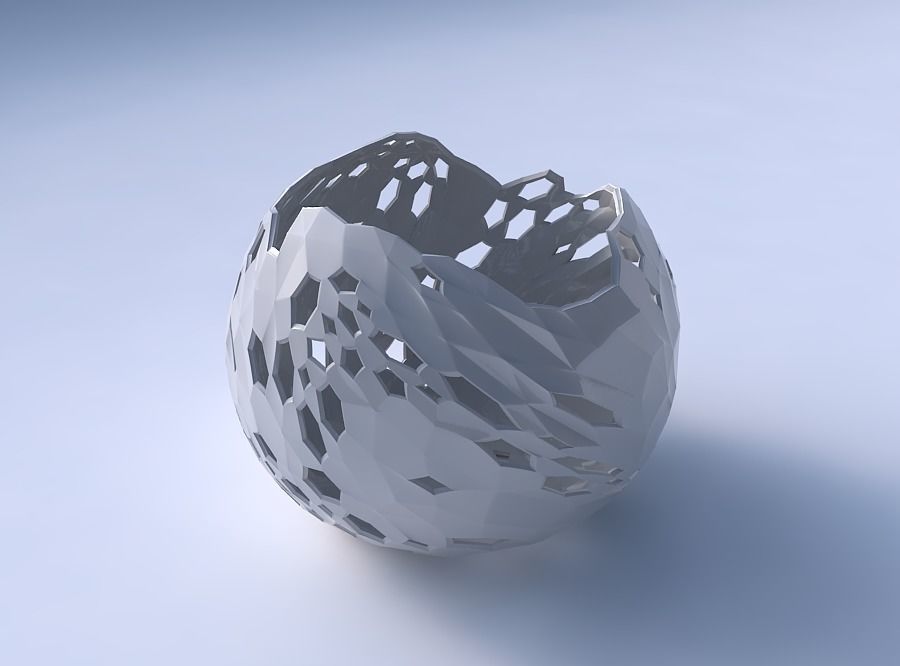 Bowl spheric wavy with twisted crystal skin with holes 3D print model_3