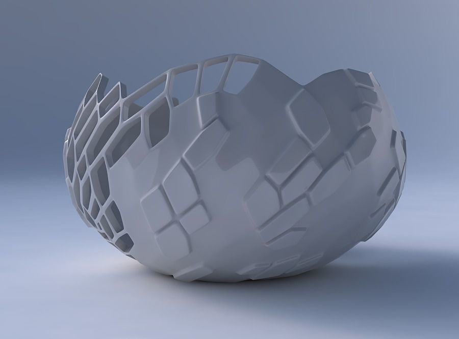 Bowl spheric twisted with twisted reptile skin with holes 3D print model_4