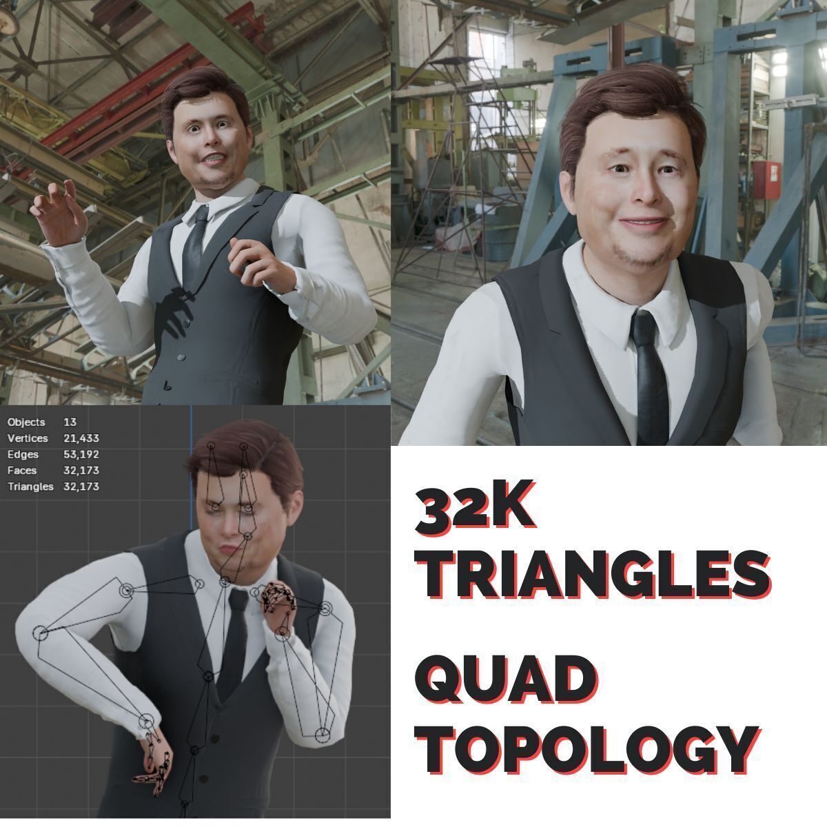 Elon Musk 3D Character Low Poly Rigged Animated XR Ready Low-poly 3D model_6