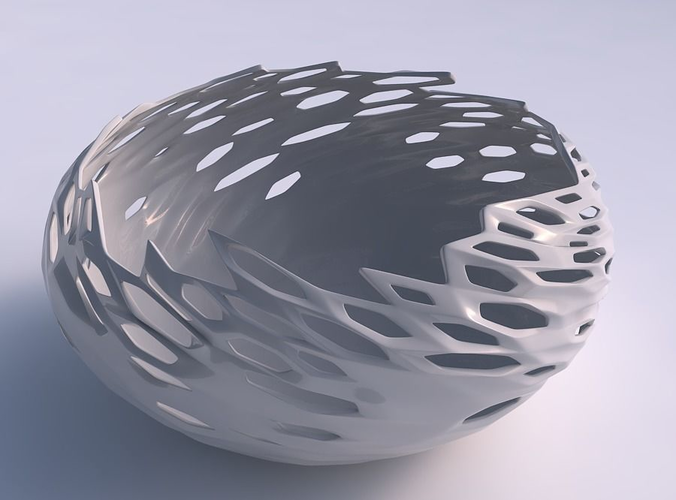 Bowl spheric squeezed wide with twisted smooth crystal skin with holes