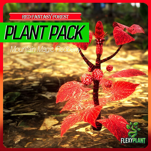 Red Fantasy Forest - 6 Mountain Magic Redberry Grass Plant Low-poly 3D model