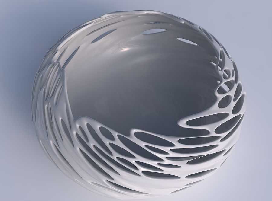 Bowl spheric squeezed wide with twisted smooth bubble holes 3D print model_1