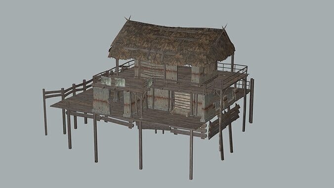 Medieval Lake Village House With Interiors Low-Poly 3D Model Low-poly 3D model