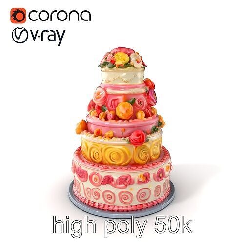Elegant Floral Tiered Party Cake model pack Low-poly 3D model 2