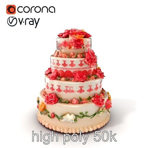 Elegant Celebration Cake with Sugar Flowers model pack Low-poly 3D model 2