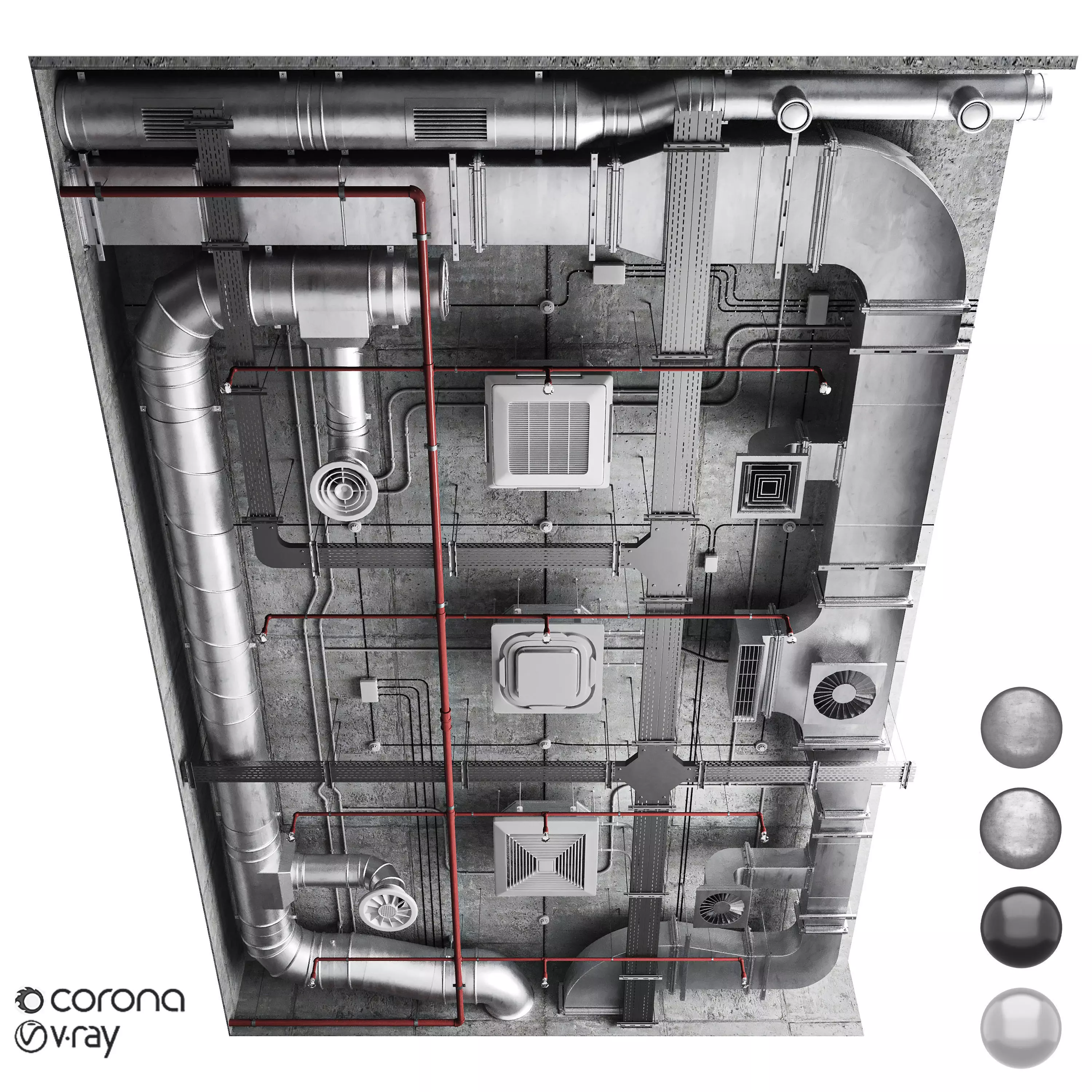 Industrial ceiling  Ventilation system  3D model_0