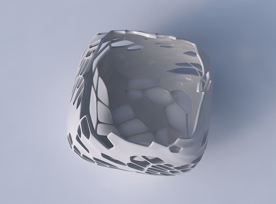 Bowl semi-quadratic with twisted organic skin with holes 3D print model_2