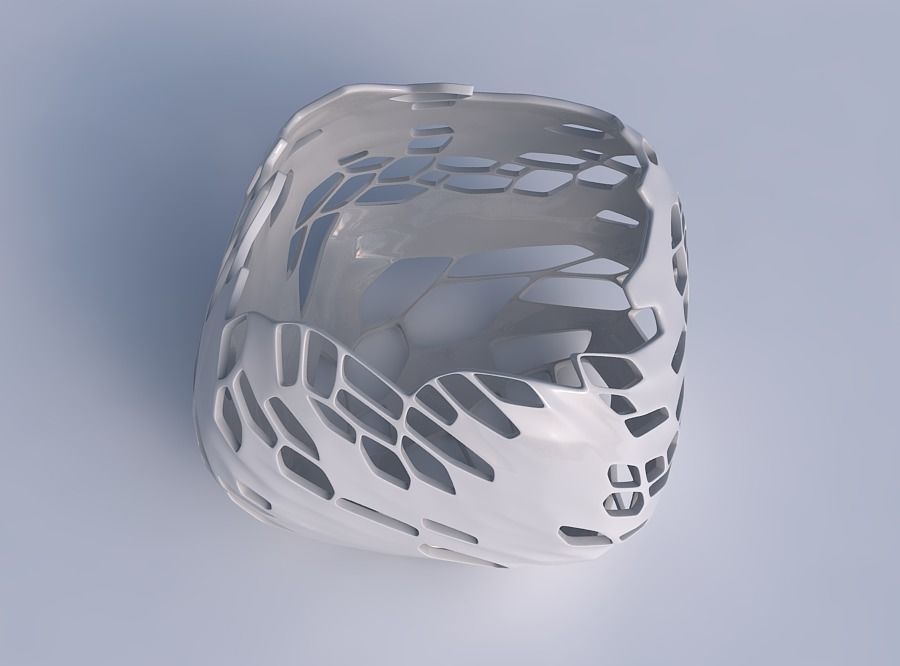 Bowl semi-quadratic with twisted organic skin with holes 3D print model_1