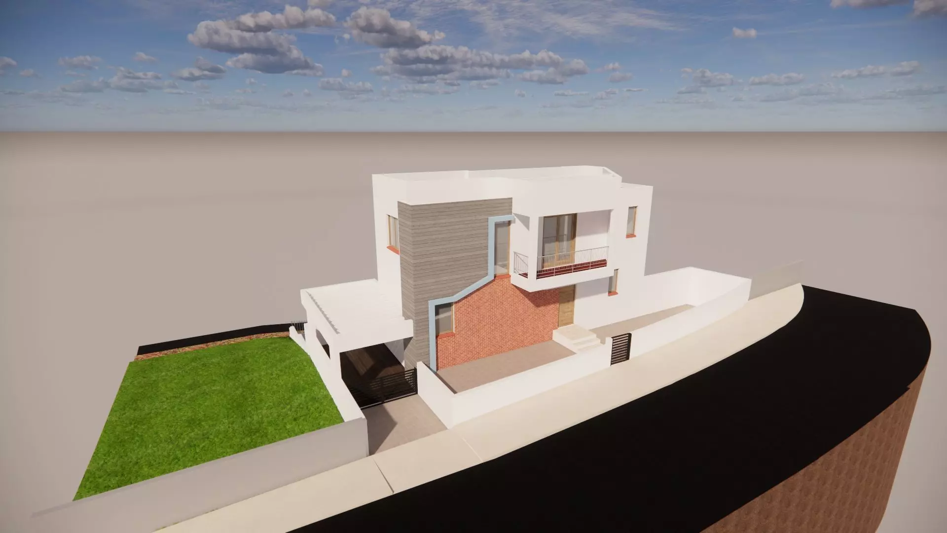 simple modern house on slanted road 3D model_0