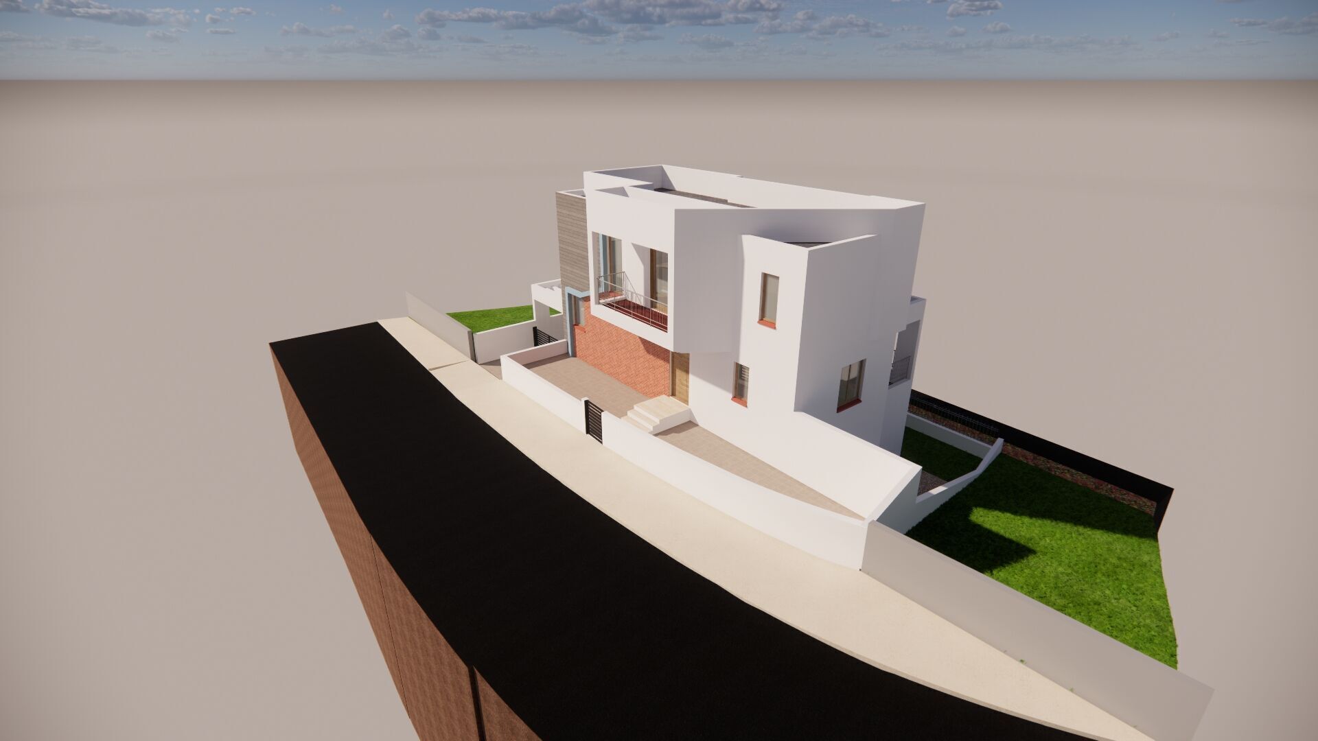 simple modern house on slanted road 3D model_1