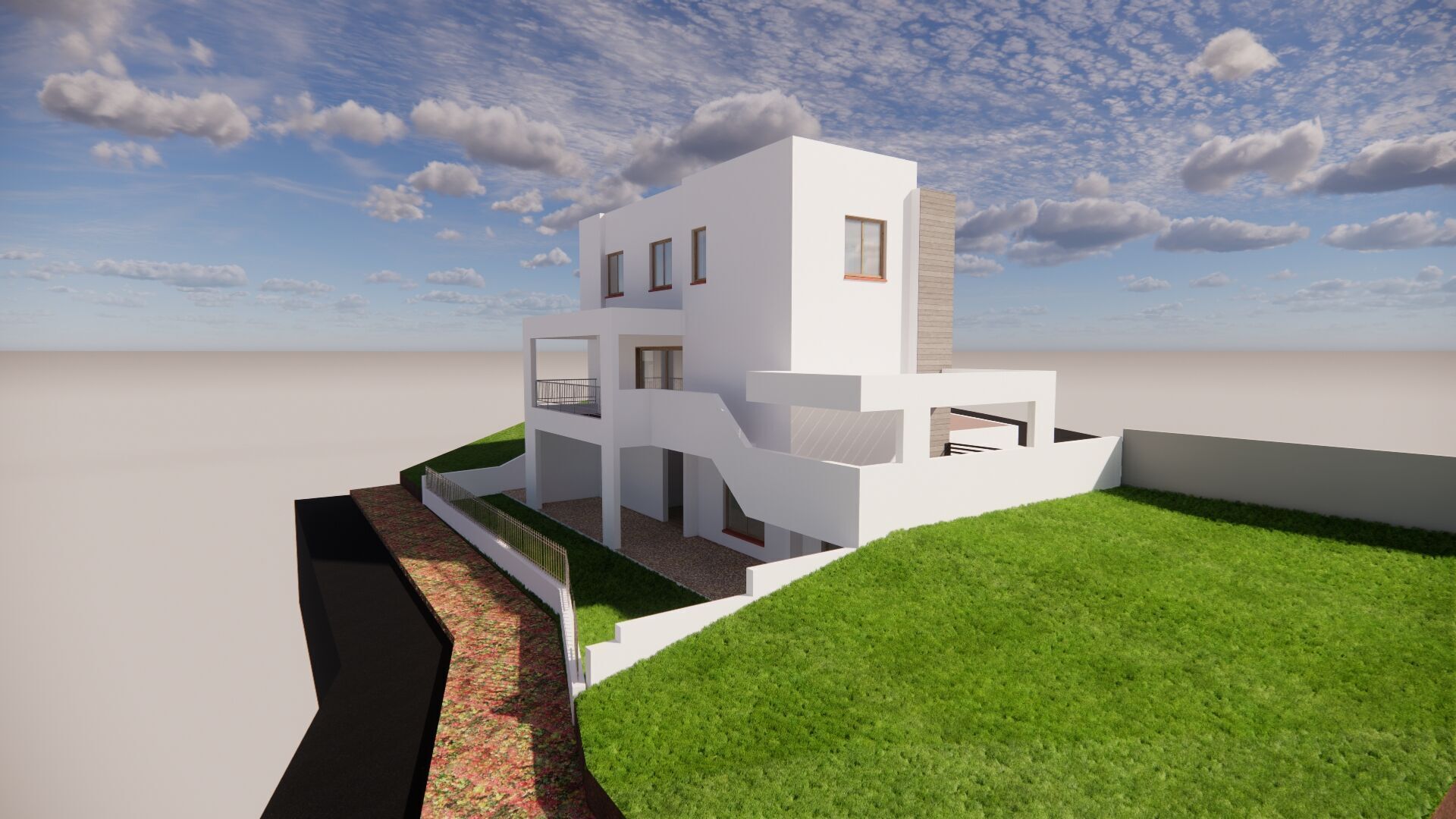simple modern house on slanted road 3D model_2