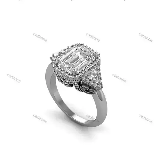 Elegant Vintage Emerald-Cut Diamond Ring-3D CAD Model