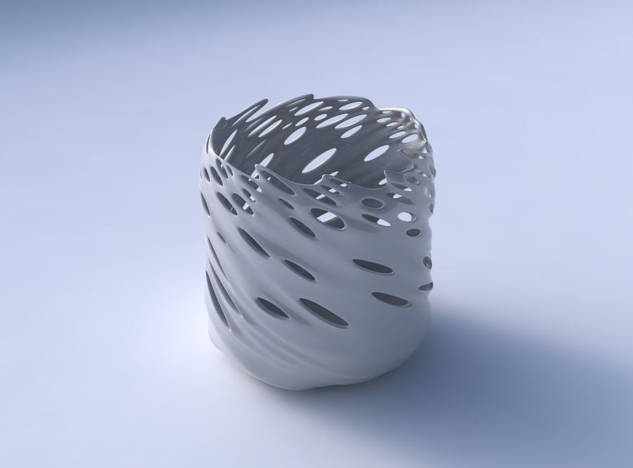 Bowl cylindrical with twisted smooth bubble holes 3D print model_3