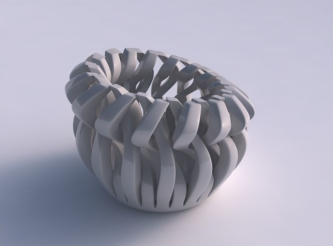 Bowl cylindrical with twisted sharp muscle structures squeezed with streched top corner