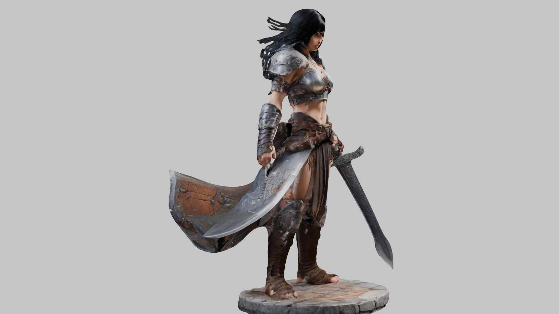 Female Black Hair Barbarian with Bastard Sword - Tabletop Figure Low-poly 3D model_22
