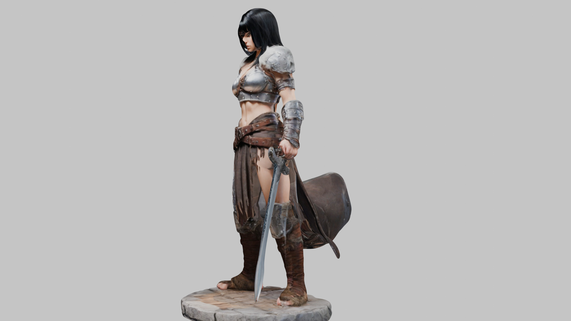 Female Black Hair Barbarian with Bastard Sword - Tabletop Figure Low-poly 3D model_21