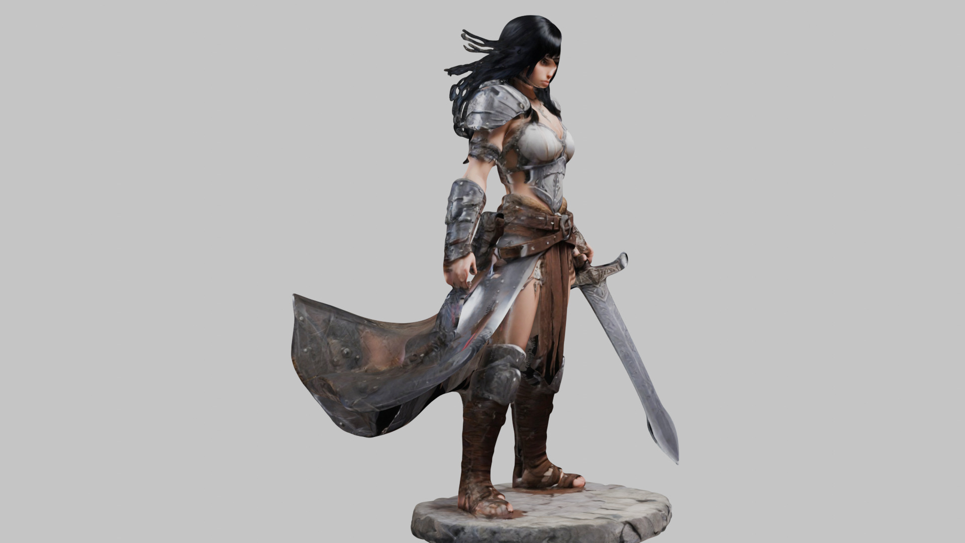 Female Black Hair Barbarian with Bastard Sword - Tabletop Figure Low-poly 3D model_16