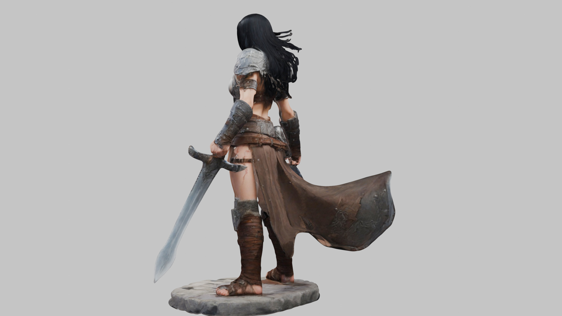 Female Black Hair Barbarian with Bastard Sword - Tabletop Figure Low-poly 3D model_15