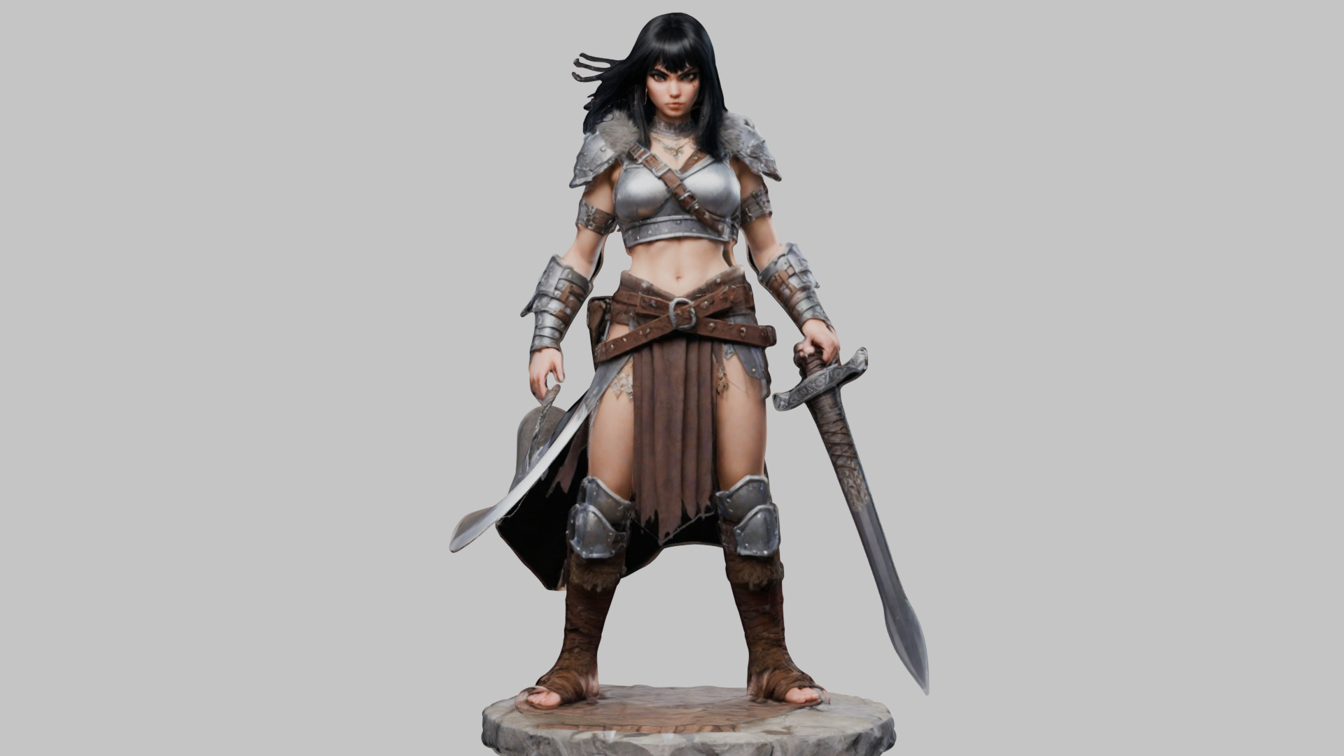 Female Black Hair Barbarian with Bastard Sword - Tabletop Figure Low-poly 3D model_7