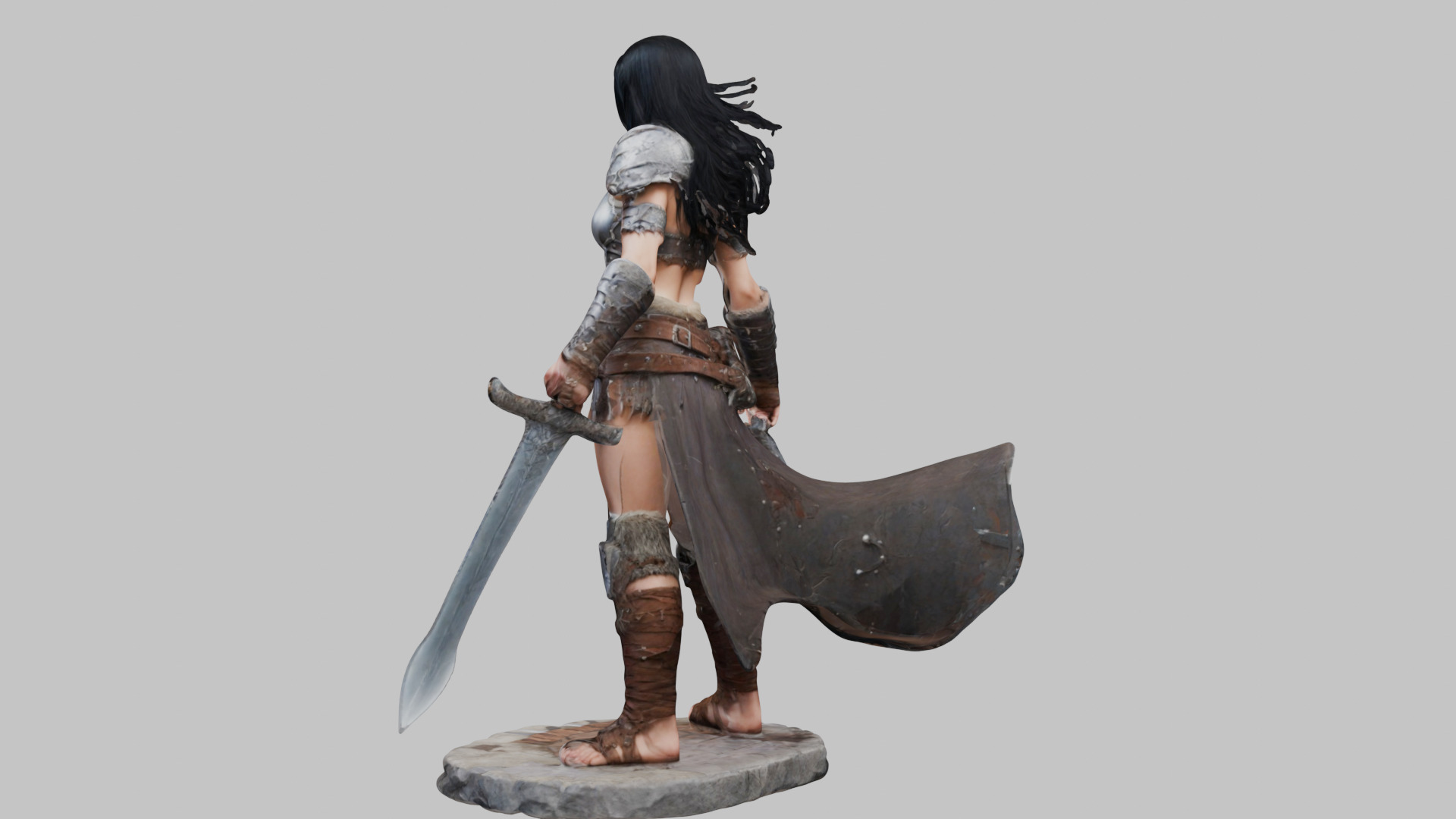 Female Black Hair Barbarian with Bastard Sword - Tabletop Figure Low-poly 3D model_6