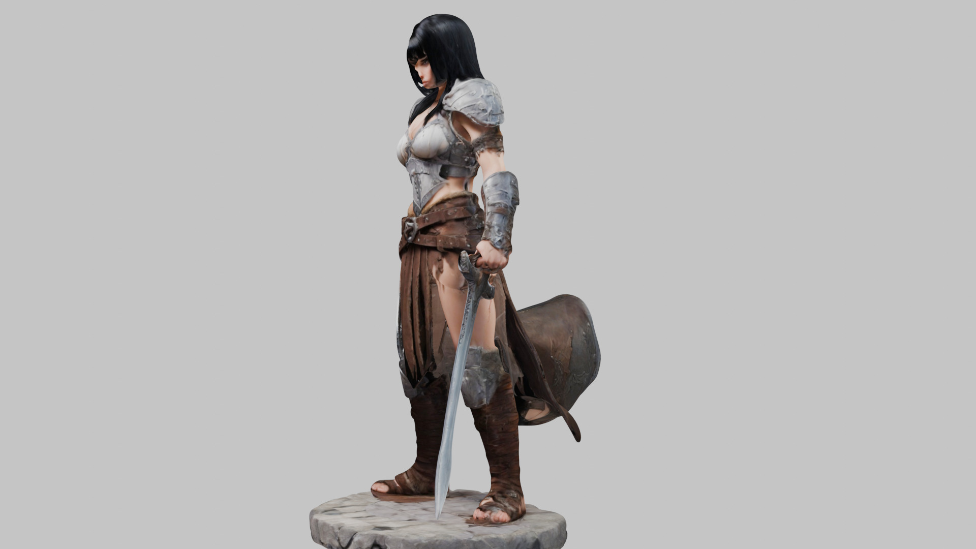 Female Black Hair Barbarian with Bastard Sword - Tabletop Figure Low-poly 3D model_12