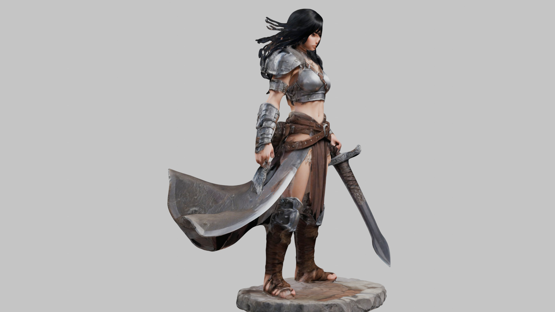 Female Black Hair Barbarian with Bastard Sword - Tabletop Figure Low-poly 3D model_8