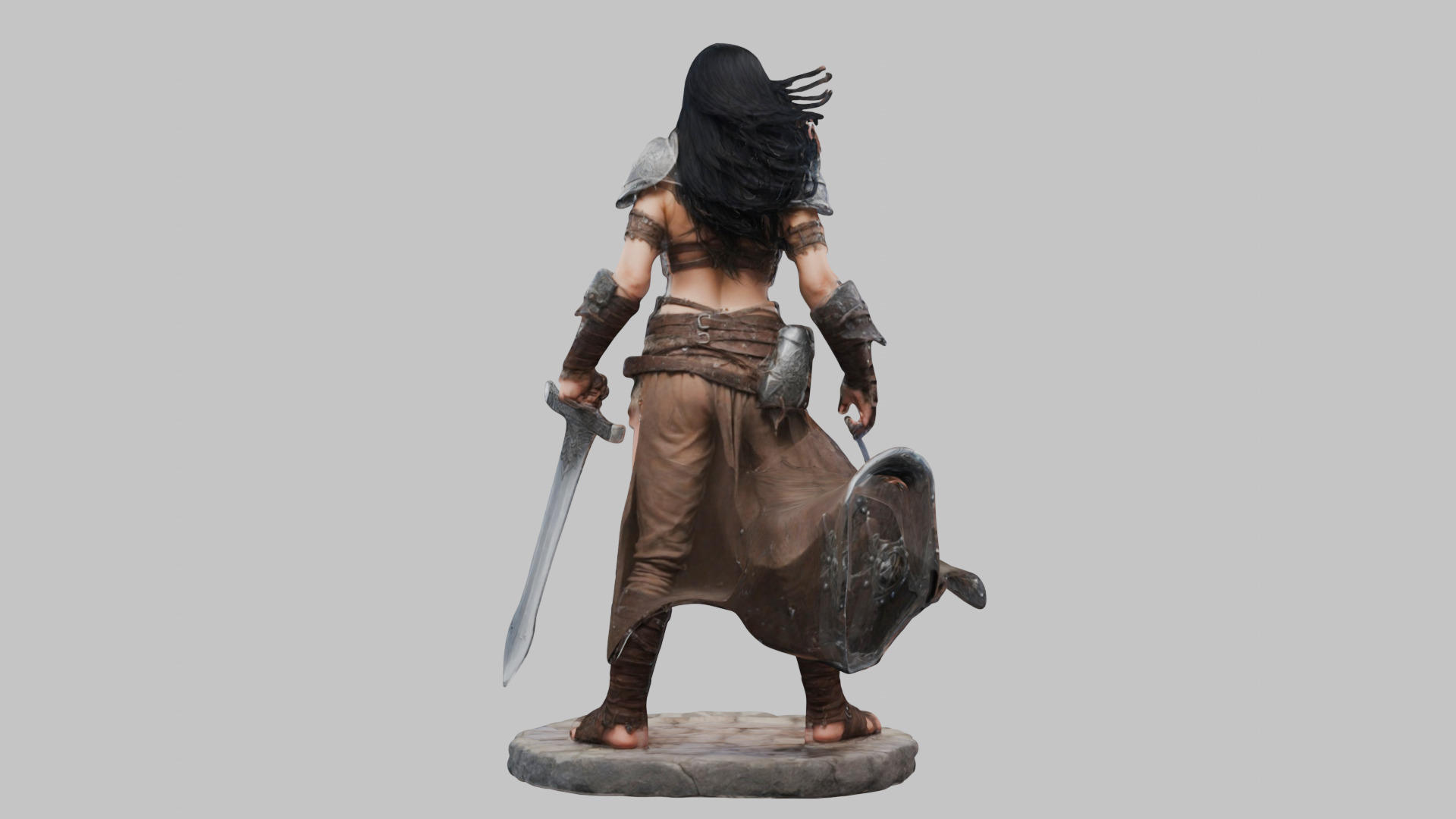 Female Black Hair Barbarian with Bastard Sword - Tabletop Figure Low-poly 3D model_26