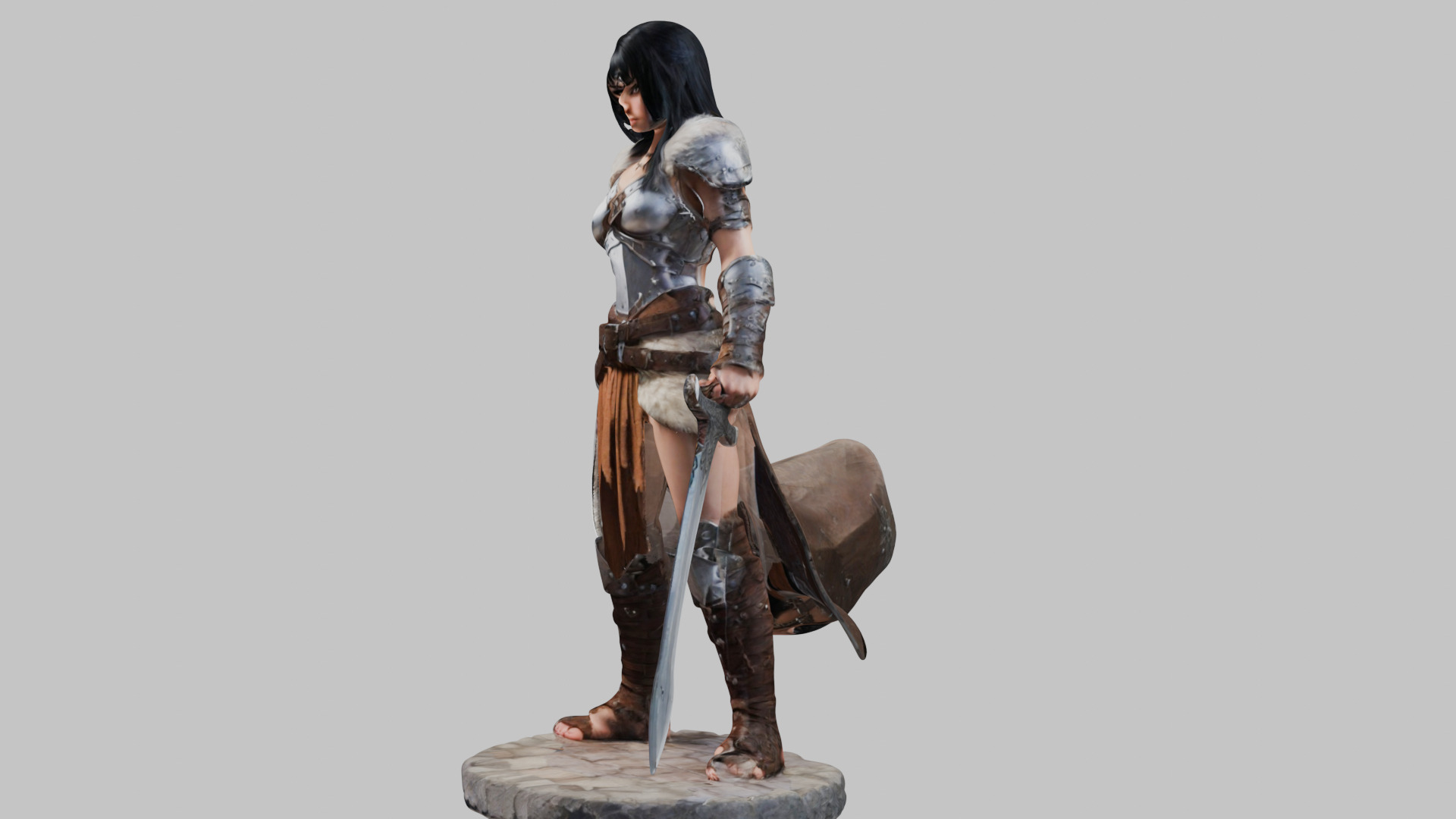 Female Black Hair Barbarian with Bastard Sword - Tabletop Figure Low-poly 3D model_27