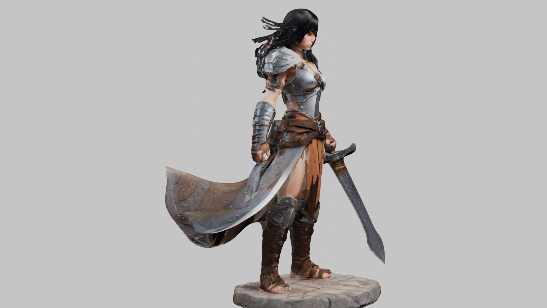 Female Black Hair Barbarian with Bastard Sword - Tabletop Figure Low-poly 3D model_25