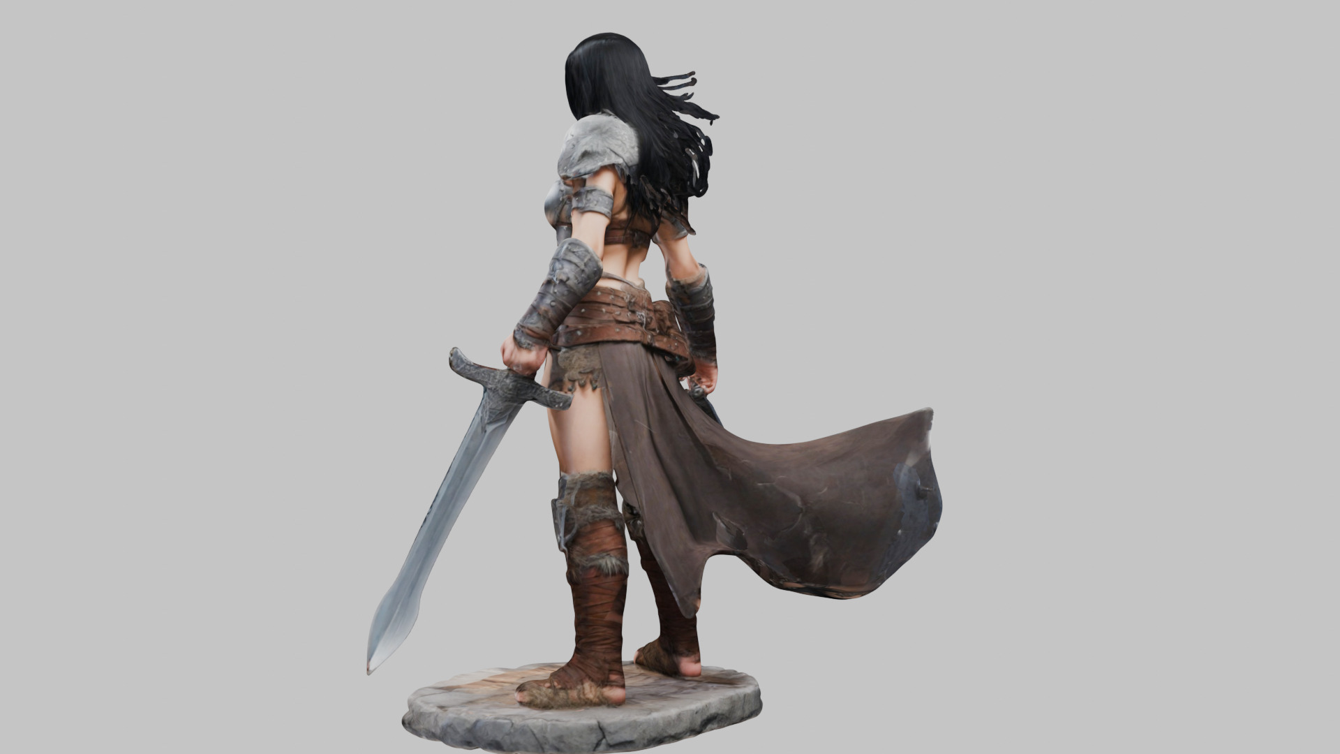 Female Black Hair Barbarian with Bastard Sword - Tabletop Figure Low-poly 3D model_20