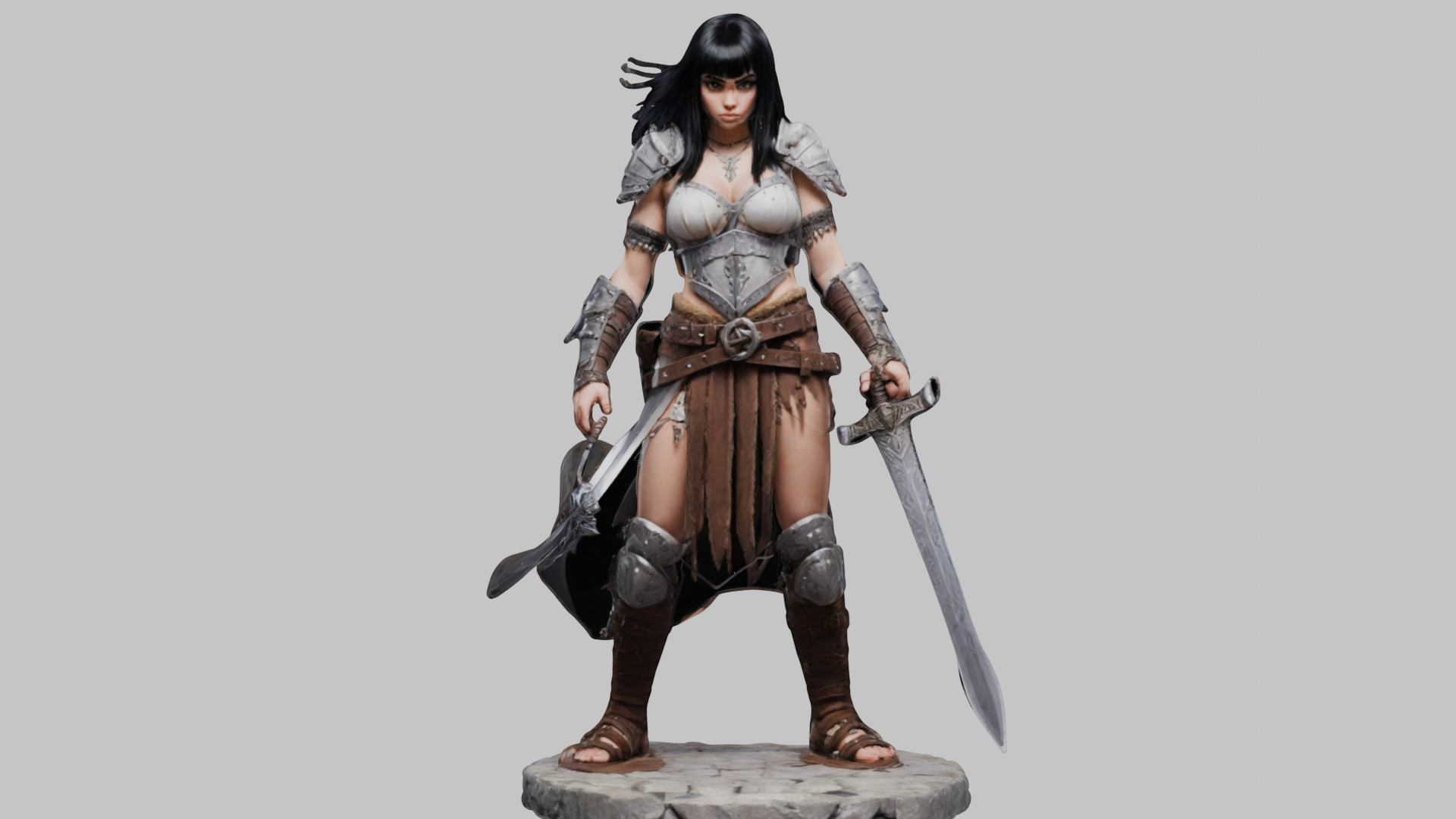 Female Black Hair Barbarian with Bastard Sword - Tabletop Figure Low-poly 3D model_11