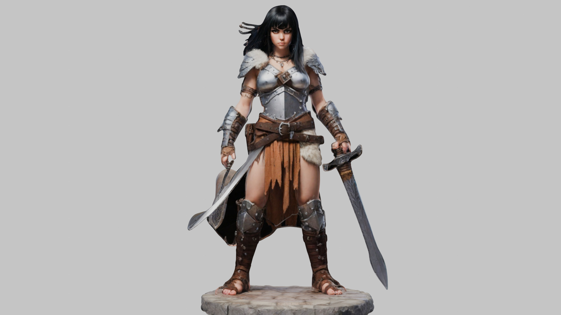 Female Black Hair Barbarian with Bastard Sword - Tabletop Figure Low-poly 3D model_2