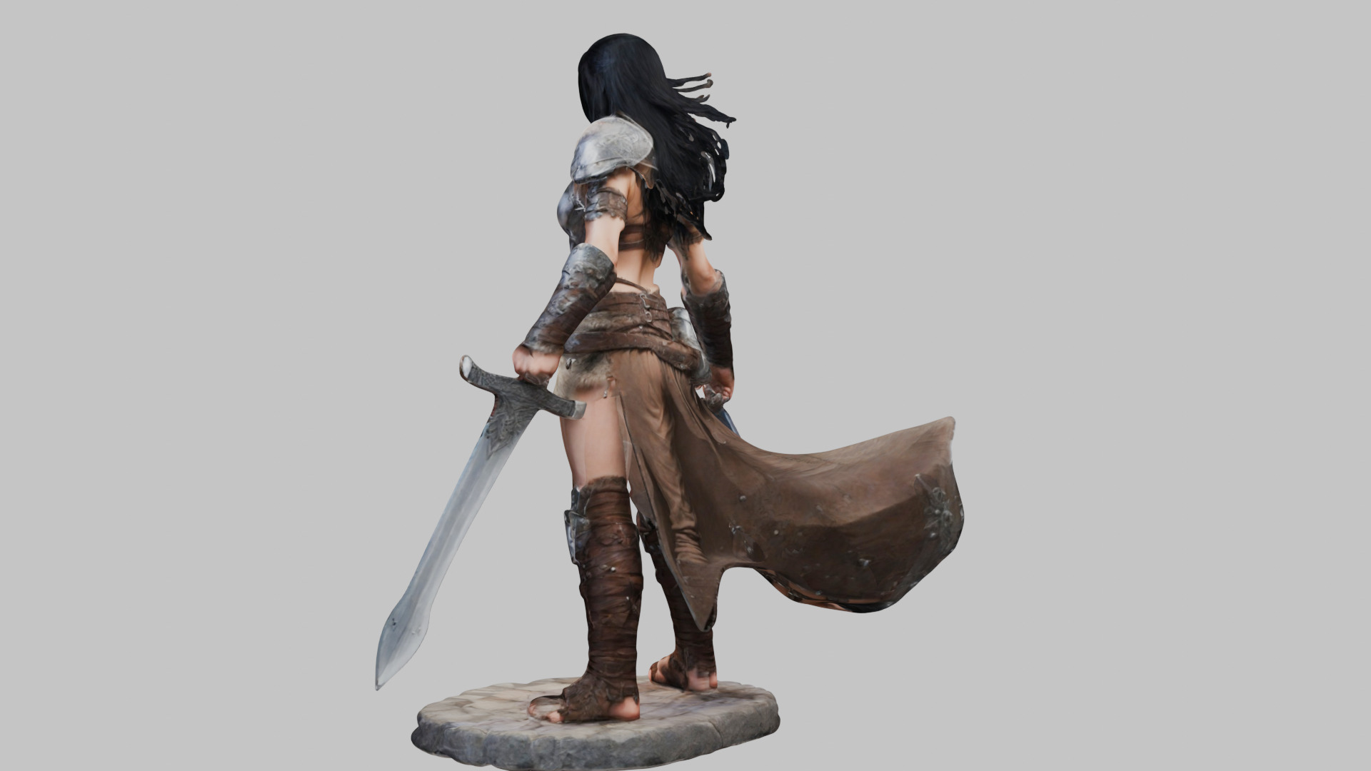 Female Black Hair Barbarian with Bastard Sword - Tabletop Figure Low-poly 3D model_23